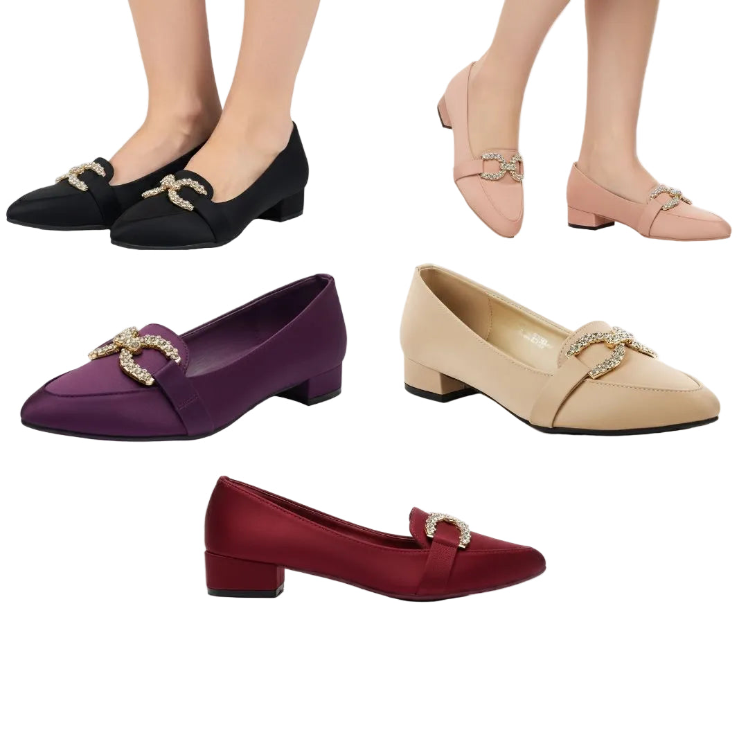 Ladies Stylish Low Heel Pumps | Satin Pointed Toe Shoes with Eye Buckle